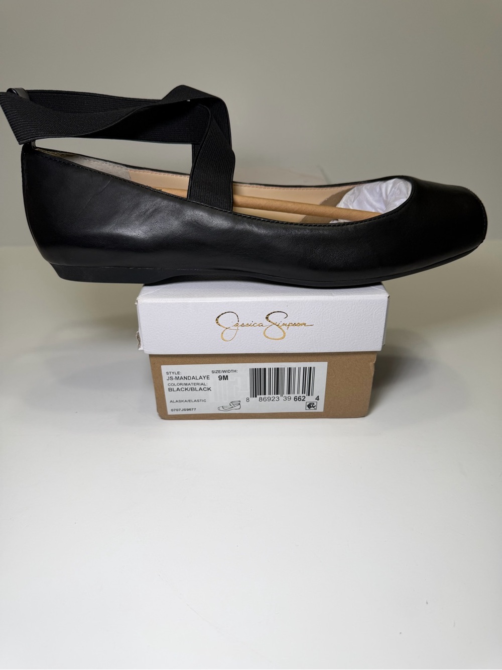 Jessica Simpson Black Leather Ballet Flat with Elastic Wrap Strap Size 9M